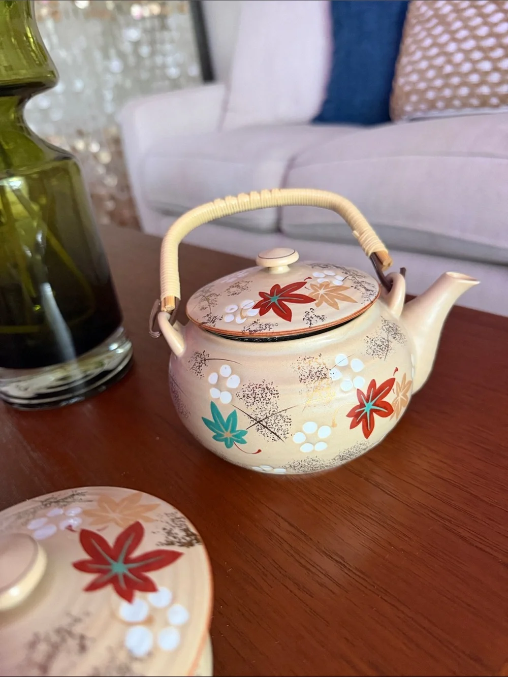 Cream Ceramic Teapot and Lidded Bowls Set with Floral Accents